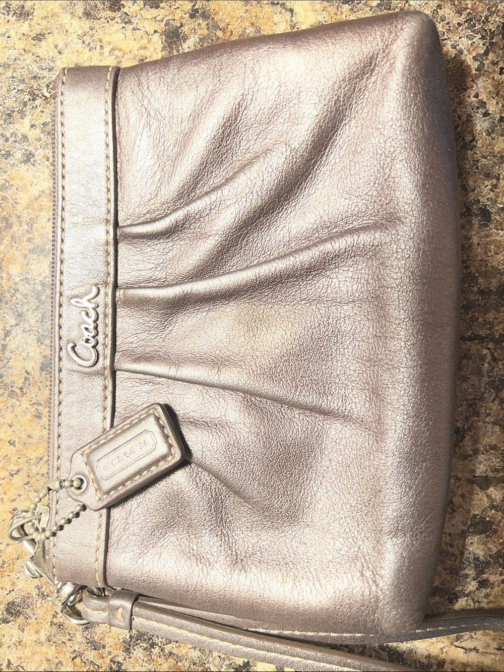 Coach Metallic Taupe Leather Wristlet Pouch with Logo Tag